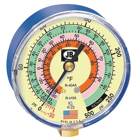 Gauge, 3-1/8 In Dia, Low Side, Blue, 500 psi