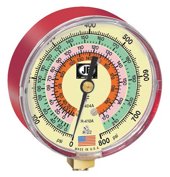 Gauge, 3-1/8 In Dia, High Side, Red, 800 psi
