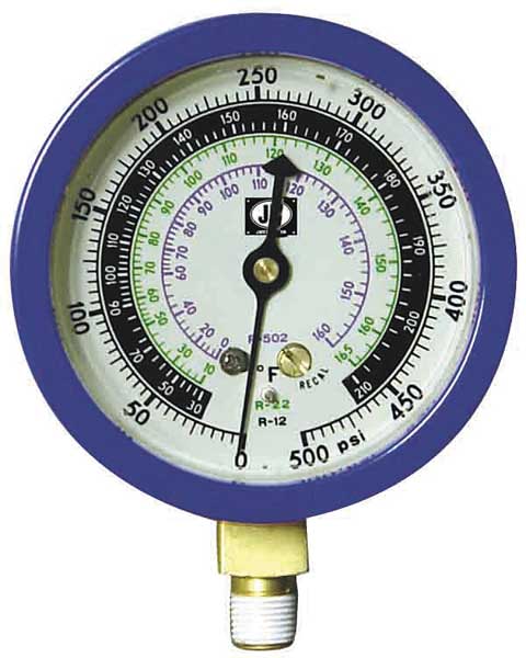 Gauge, 3-1/8 In Dia, Low Side, Blue, 500 psi