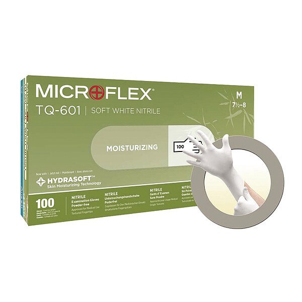 Exam Gloves, Nitrile, Powder Free, White, L, 100 PK