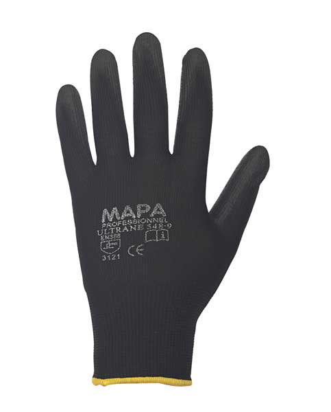 Polyurethane Coated Gloves, Palm Coverage, Black, S, PR