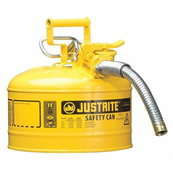 Type II Safety Can, 2.5 Gal Capacity, For Use With Diesel, Galvanized Steel, Yellow, Includes Hose