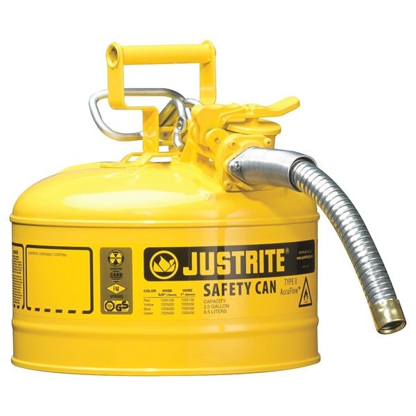 Type II Safety Can, 2.5 Gal Capacity, For Use With Diesel, Galvanized Steel, Yellow, Includes Hose