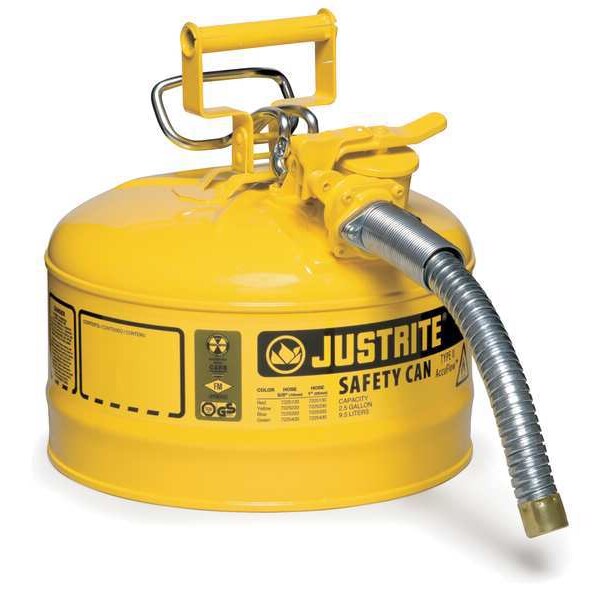 Type II Safety Can, 2.5 Gal Capacity, For Use With Diesel, Galvanized Steel, Yellow, Includes Hose