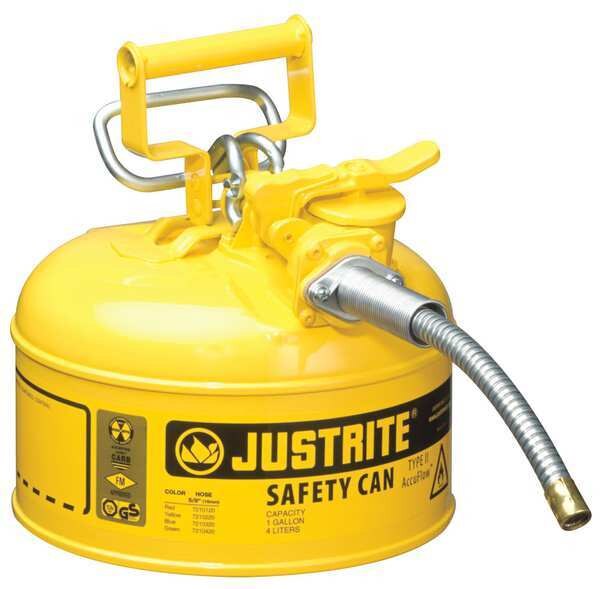 Type II Safety Can, 1 Gal Capacity, For Use With Diesel, Galvanized Steel, Yellow, Includes Hose