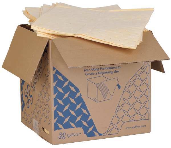 Sorbents, 30 gal/pk, .3 gal/pad, Harsh Chemicals Absorbed, Yellow, Polypropylene, 100 PK