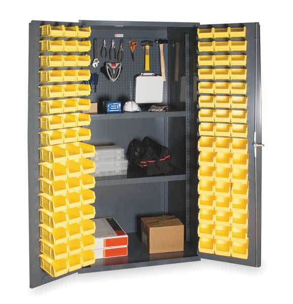 Heavy Duty Pegboard Bin Cabinet, Shelving, 72 in H, 36 in W, 24 in D, 96 Bins, 2 Shelves