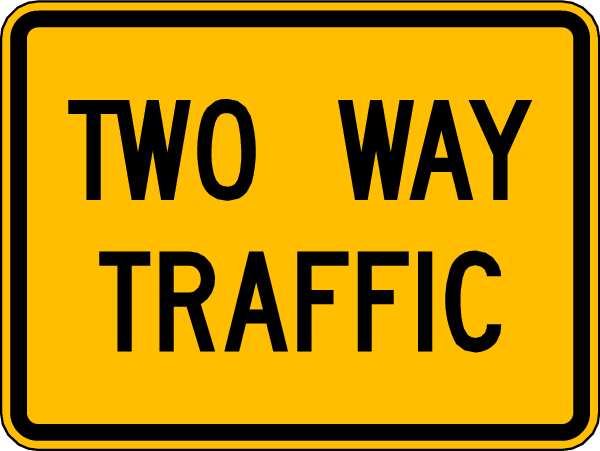 Two Way Traffic Traffic Sign, 18 in H, 24 in W, Aluminum, Horizontal Rectangle, English, W6-3P-24DA