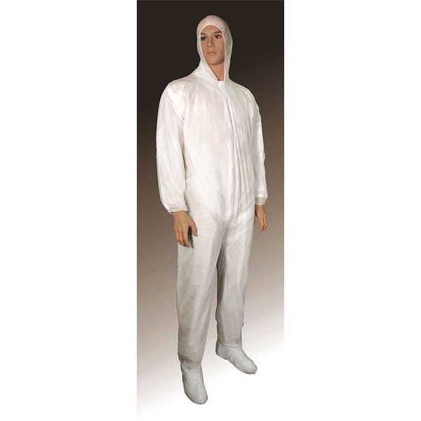 Hooded Disposable Coveralls, White, Polypropylene, Zipper