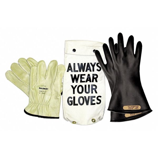 Electrical Rubber Glove Kit, Leather Protectors, Glove Bag, Black, 11 in, Class 0, Size 9, 1 Pair