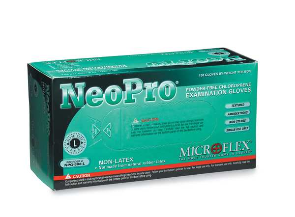 Disposable Exam Gloves, Neoprene, Powder Free, Green, XL, 100 PK