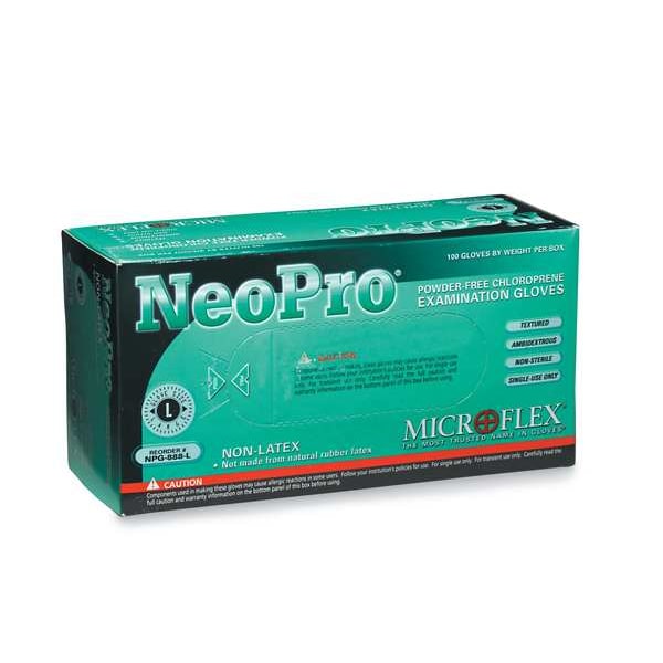 Disposable Exam Gloves, Neoprene, Powder Free, Green, S, 100 PK