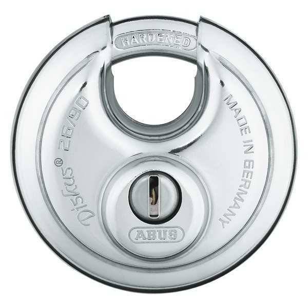 Padlock, Keyed Alike, Partially Hidden Shackle, Disc Stainless steel Body, Steel Shackle, 1 in W