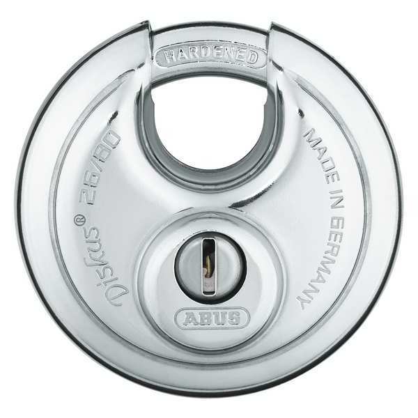 Padlock, Keyed Alike, Partially Hidden Shackle, Disc Stainless steel Body, Steel Shackle, 1 in W