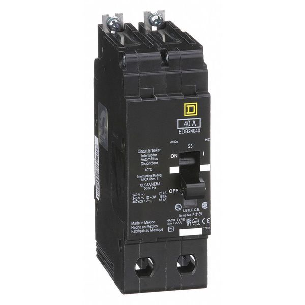 Miniature Circuit Breaker, 40 A, 277/480V AC, 2 Pole, Bolt On Mounting Style, EDB Series