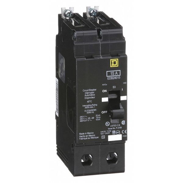 Miniature Circuit Breaker, 15 A, 277/480V AC, 2 Pole, Bolt On Mounting Style, EDB Series