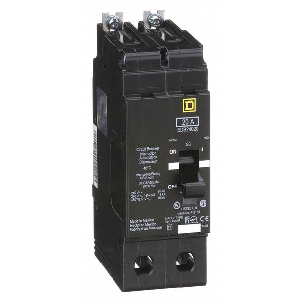 Miniature Circuit Breaker, 20 A, 277/480V AC, 2 Pole, Bolt On Mounting Style, EDB Series