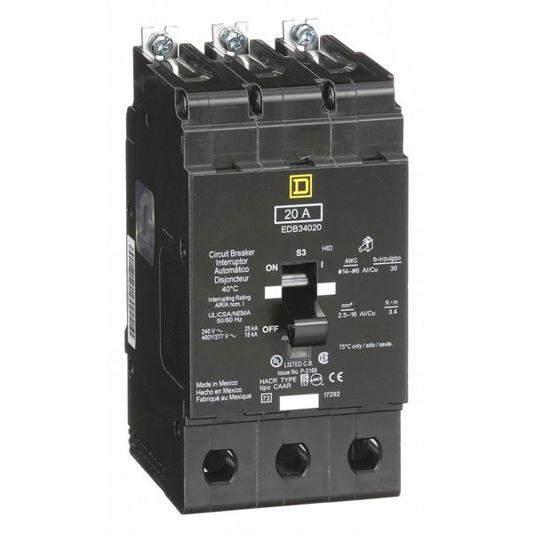 Miniature Circuit Breaker, 20 A, 277/480V AC, 3 Pole, Bolt On Mounting Style, EDB Series