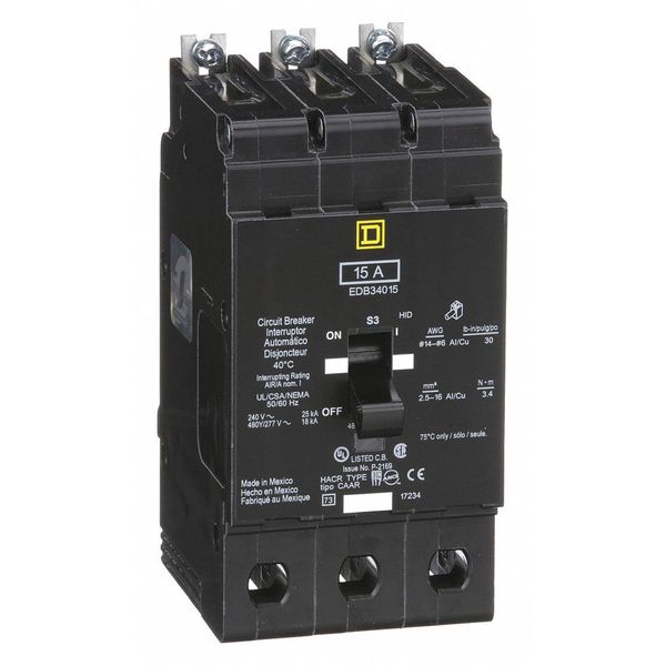 Miniature Circuit Breaker, 15 A, 277/480V AC, 3 Pole, Bolt On Mounting Style, EDB Series
