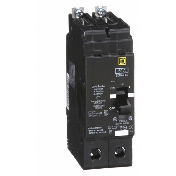 Miniature Circuit Breaker, 60 A, 277/480V AC, 2 Pole, Bolt On Mounting Style, EDB Series
