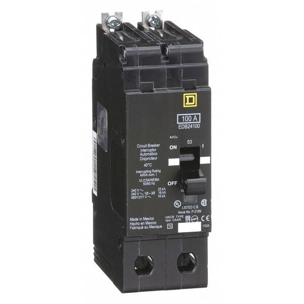 Miniature Circuit Breaker, 100 A, 277/480V AC, 2 Pole, Bolt On Mounting Style, EDB Series