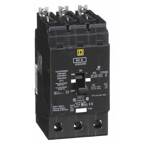 Miniature Circuit Breaker, 90 A, 277/480V AC, 3 Pole, Bolt On Mounting Style, EDB Series