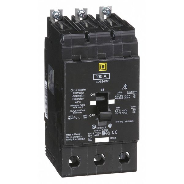 Miniature Circuit Breaker, 100 A, 277/480V AC, 3 Pole, Bolt On Mounting Style, EDB Series