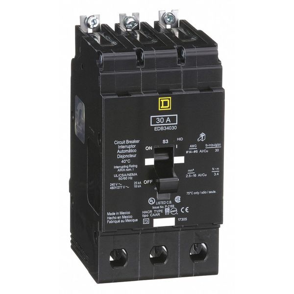 Miniature Circuit Breaker, 30 A, 277/480V AC, 3 Pole, Bolt On Mounting Style, EDB Series