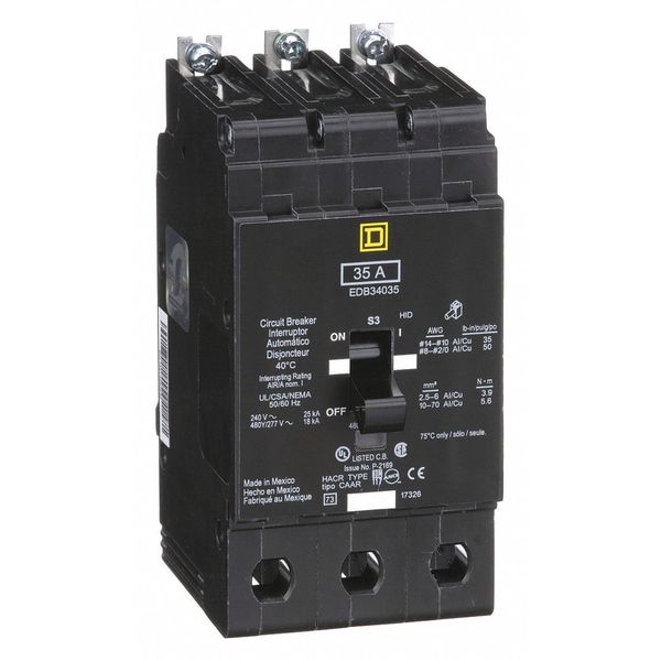 Miniature Circuit Breaker, 35 A, 277/480V AC, 3 Pole, Bolt On Mounting Style, EDB Series