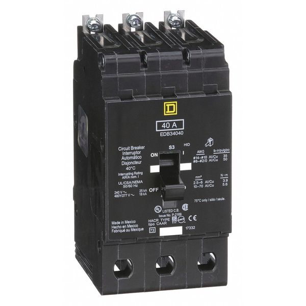 Miniature Circuit Breaker, 40 A, 277/480V AC, 3 Pole, Bolt On Mounting Style, EDB Series
