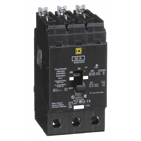Miniature Circuit Breaker, 50 A, 277/480V AC, 3 Pole, Bolt On Mounting Style, EDB Series