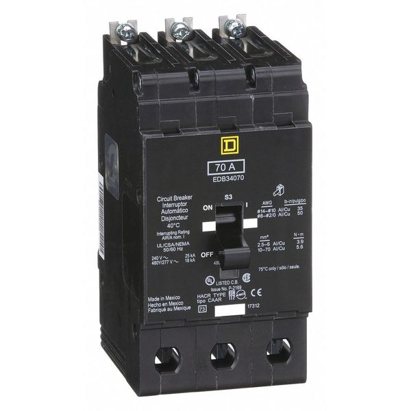 Miniature Circuit Breaker, 70 A, 277/480V AC, 3 Pole, Bolt On Mounting Style, EDB Series