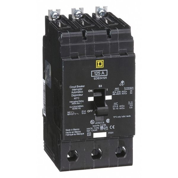 Miniature Circuit Breaker, 125 A, 277/480V AC, 3 Pole, Bolt On Mounting Style, EDB Series