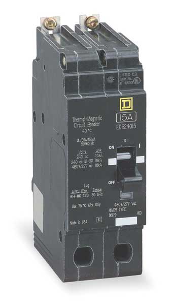 Miniature Circuit Breaker, 15 A, 277/480V AC, 2 Pole, Bolt On Mounting Style, EGB Series