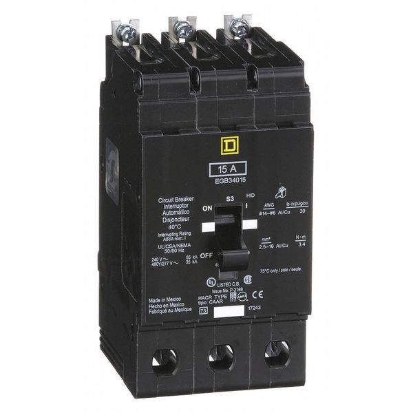 Miniature Circuit Breaker, 15 A, 277/480V AC, 3 Pole, Bolt On Mounting Style, EGB Series