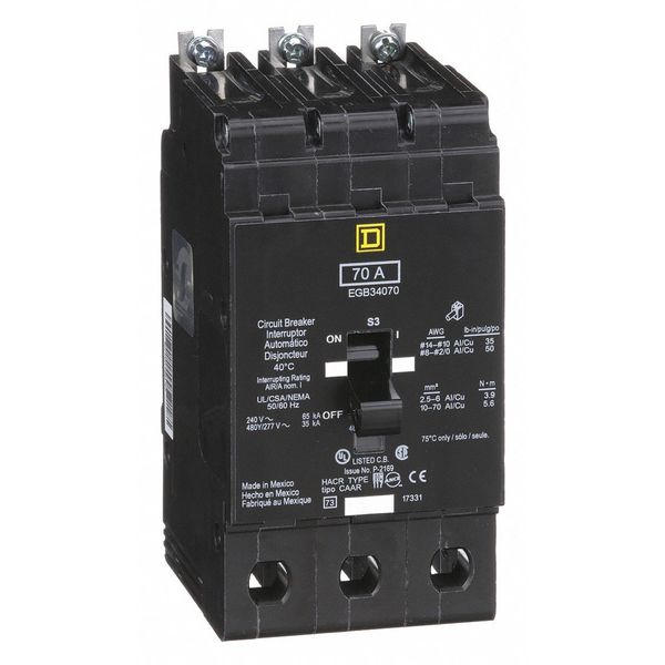 Miniature Circuit Breaker, 70 A, 277/480V AC, 3 Pole, Bolt On Mounting Style, EGB Series