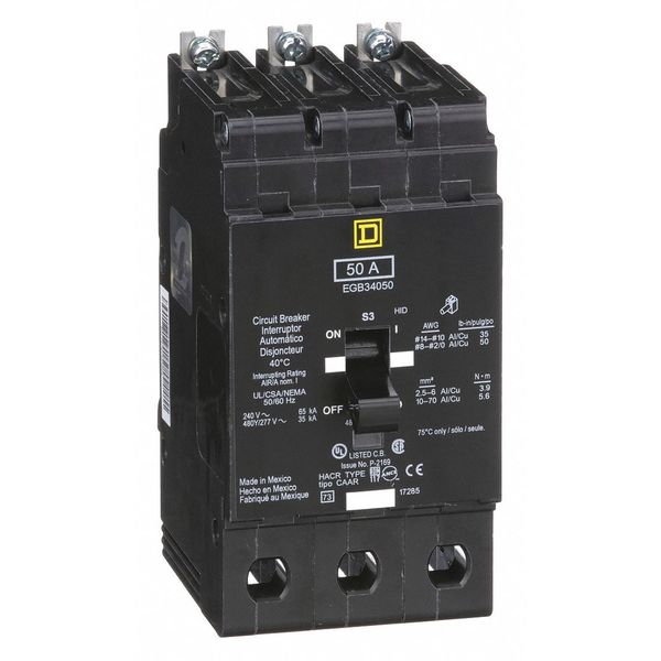 Miniature Circuit Breaker, 50 A, 277/480V AC, 3 Pole, Bolt On Mounting Style, EGB Series
