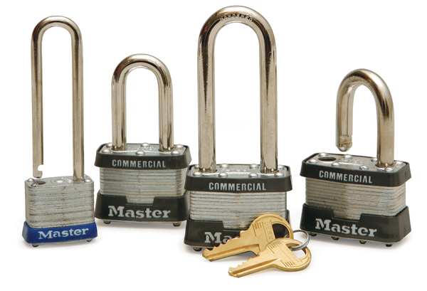 Padlock, Keyed Different, Long Shackle, Rectangular Steel Body, Steel Shackle, 1/2 in W