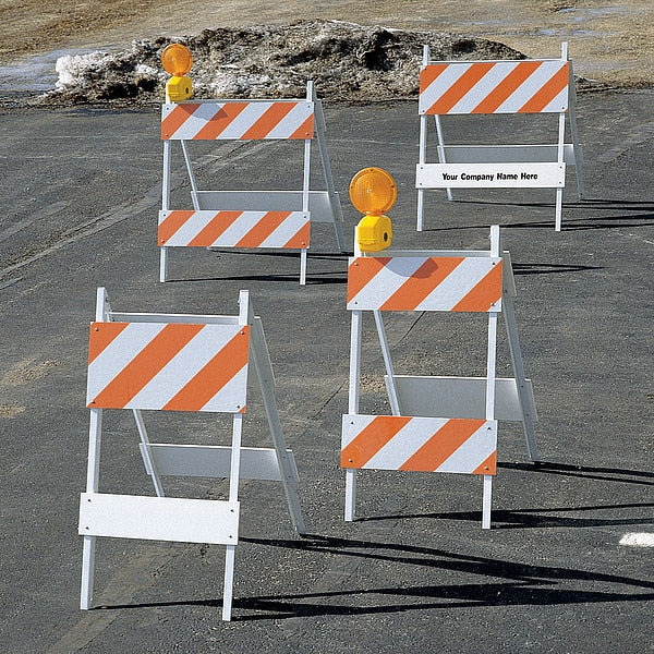 Leg Frame Type 1 Barricade, EGR Sheeting, 41 in H, 41 in L, 24 in W, Orange/White