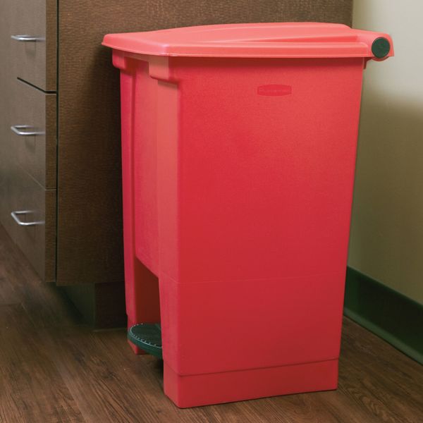 12 gal Rectangular Trash Can, Red, 16 1/4 in Dia, Step-On, HDPE Base/Polypropylene Lid