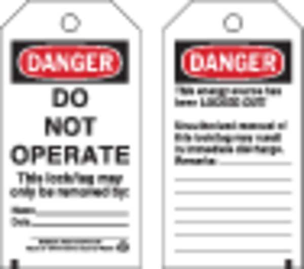 Danger Tag, Danger - Do Not Operate, Polyester, Write-On Surface, 5 1/2 in High, 3 in Wide, 25 Pack