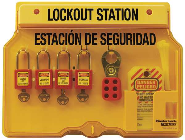Lockout Station, 18 Components Included, Holds (4) Keyed Different Padlocks, English/Spanish, Yellow