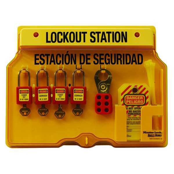 Lockout Station, 18 Components Included, Holds (4) Keyed Different Padlocks, English/Spanish, Yellow
