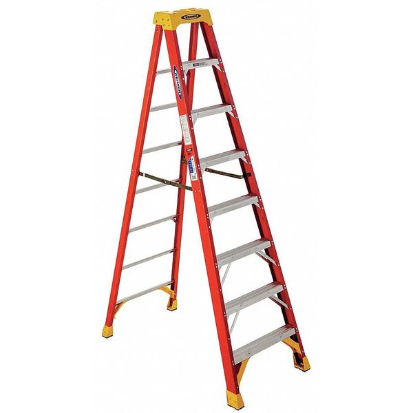 Fiberglass Stepladder, 8 ft Ladder Ht, 7 Steps, 300 lb, 53 5/8 in Base Spread, 26 3/8 in Bottom W