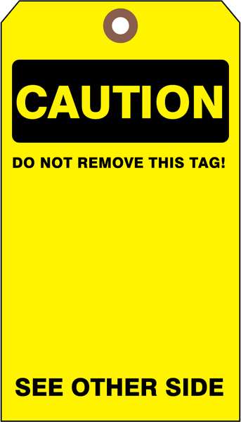 Caut Tag, 7 x 4 In, Bk/Yel, Cardstock, PK25