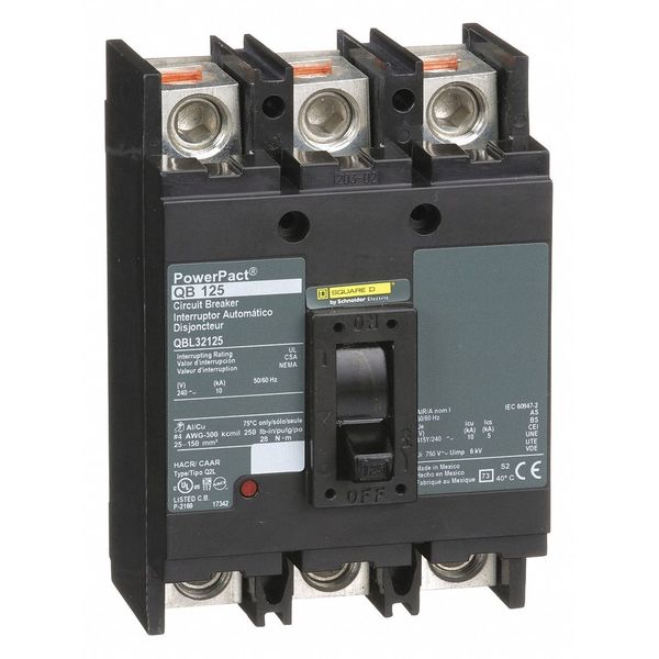 Molded Case Circuit Breaker, 125 A, 240V AC, 3 Pole, Free Standing Mounting Style, QB Series