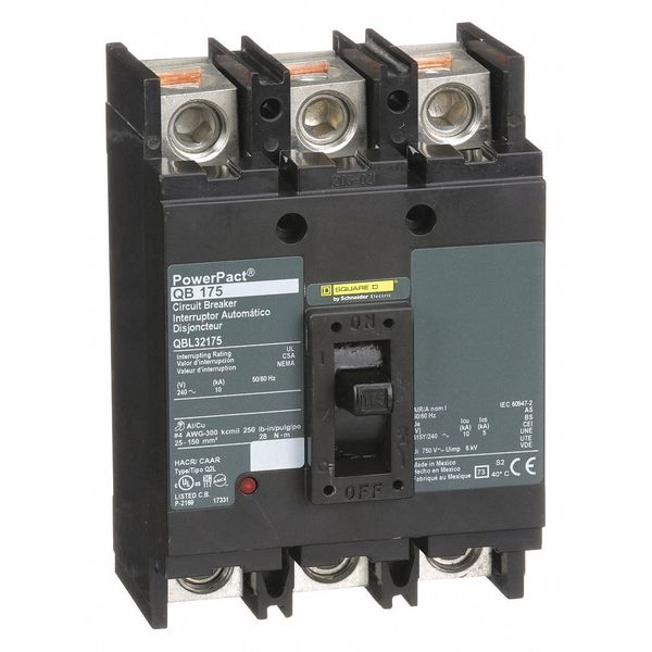 Molded Case Circuit Breaker, 175 A, 240V AC, 3 Pole, Free Standing Mounting Style, QB Series