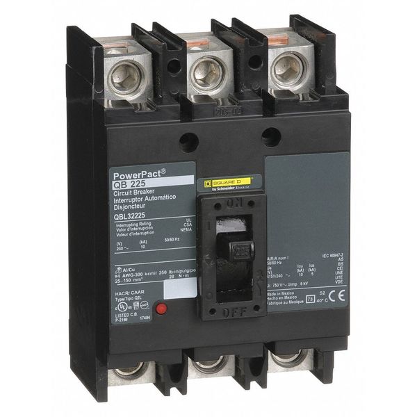 Molded Case Circuit Breaker, 225 A, 240V AC, 3 Pole, Free Standing Mounting Style, QB Series