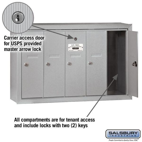Vertical Mailbox, Aluminum, Powder Coated, 5 Doors, Surface, -