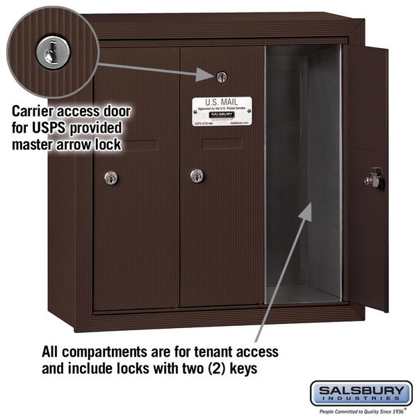 Vertical Mailbox, Bronze, Powder Coated, 3 Doors, Surface, -